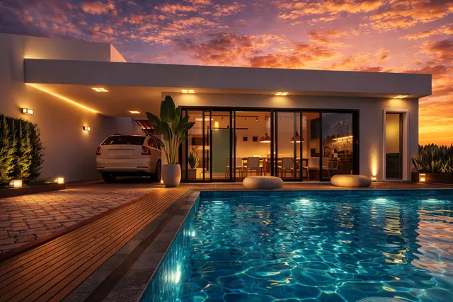 Casa Realex: fachada com piscina iluminada, deck de madeira e garagem ao pôr do sol, Contagem