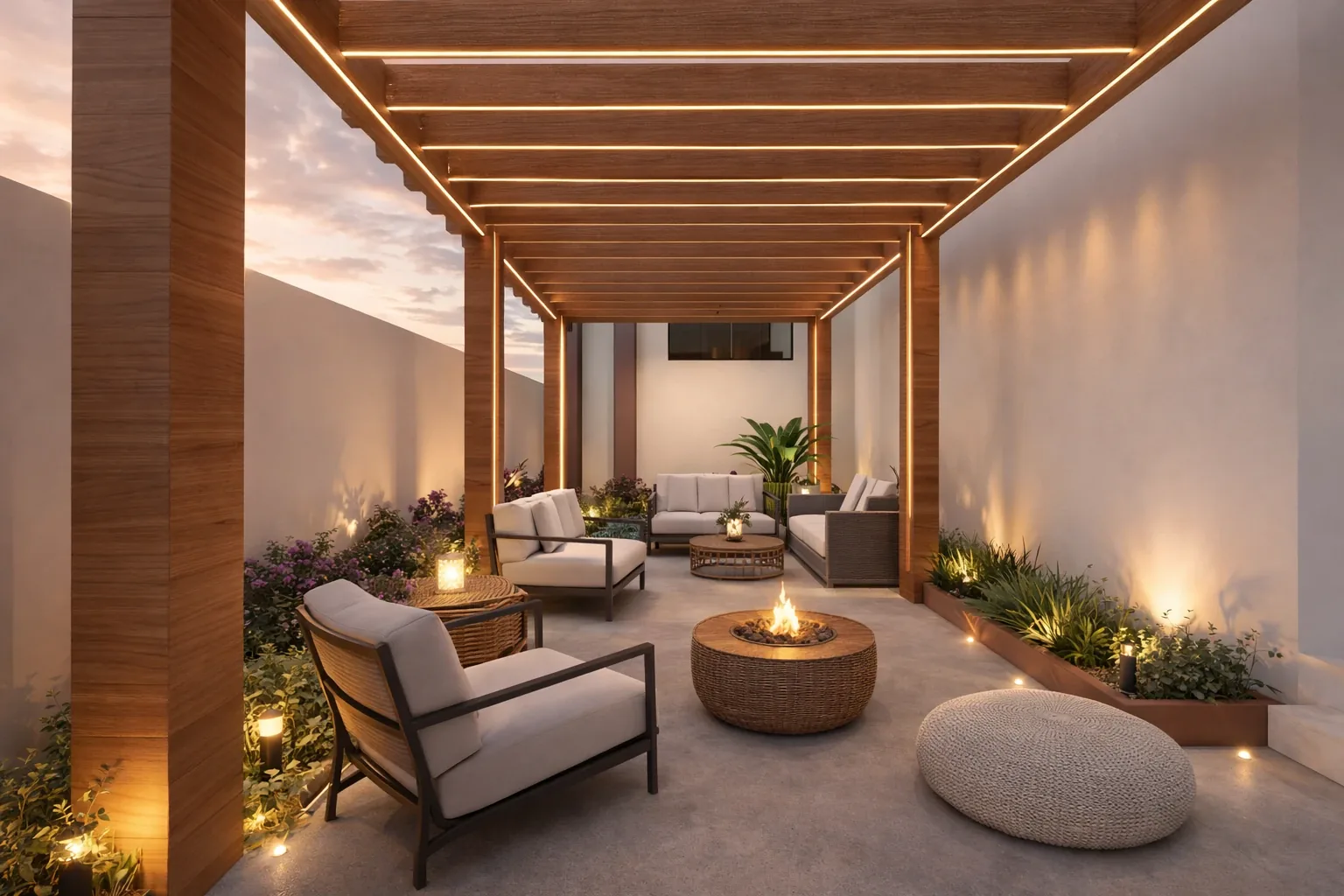 Holzpergola mit LED-Bändern, Außenlounge und Feuerstelle