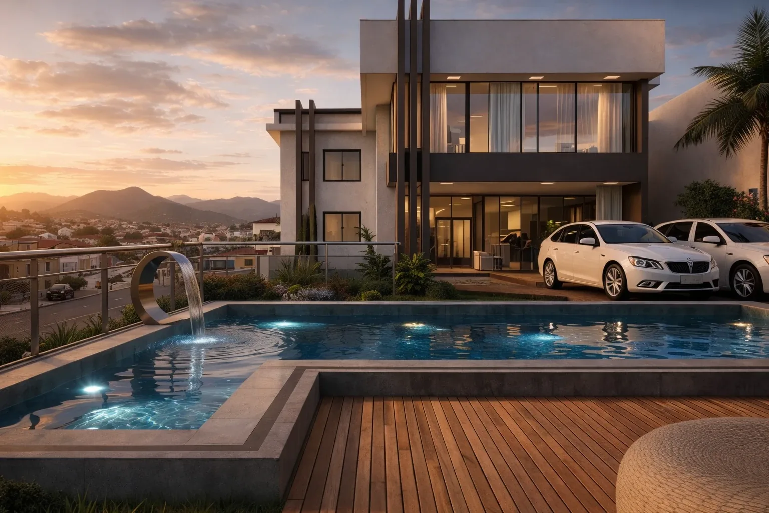 Pool mit Edelstahl-Wasserfall, Holzdeck und Bergblick