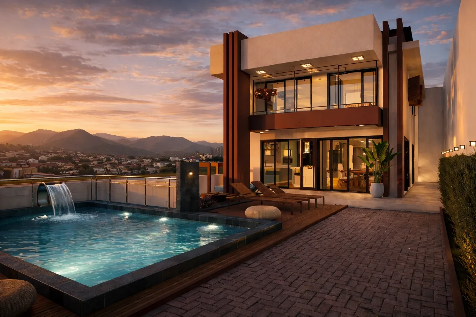 Pool, Deck und Liegen vor der Fassade mit Holzlamellen