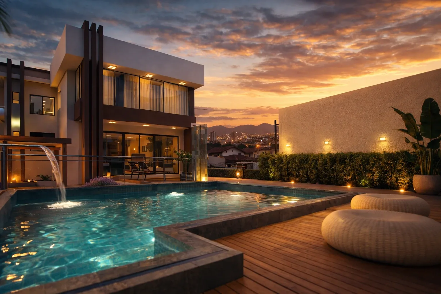 Pool mit Wasserfall und Faserpoufs auf dem Deck, das Haus in der Dämmerung beleuchtet