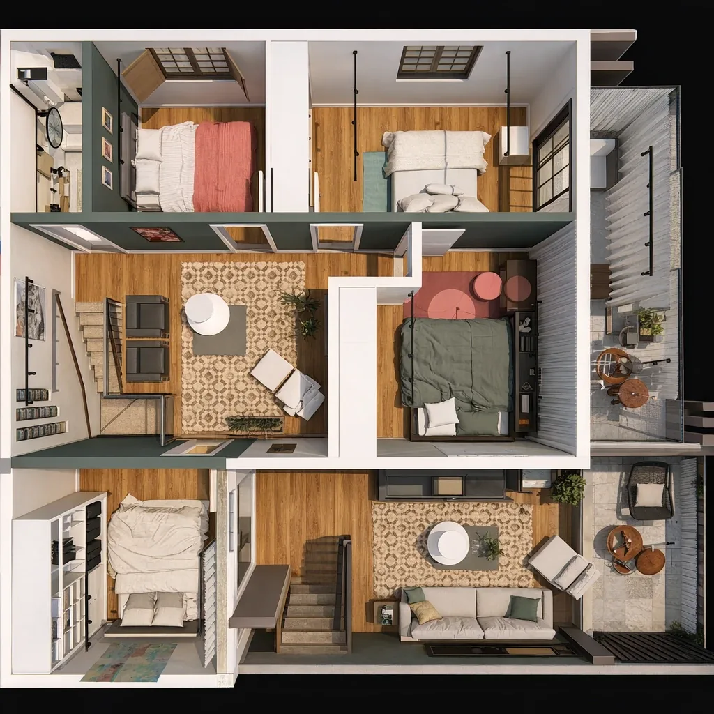 Illustrierter Obergeschossgrundriss mit Schlafzimmern, Familienzimmer und Balkon