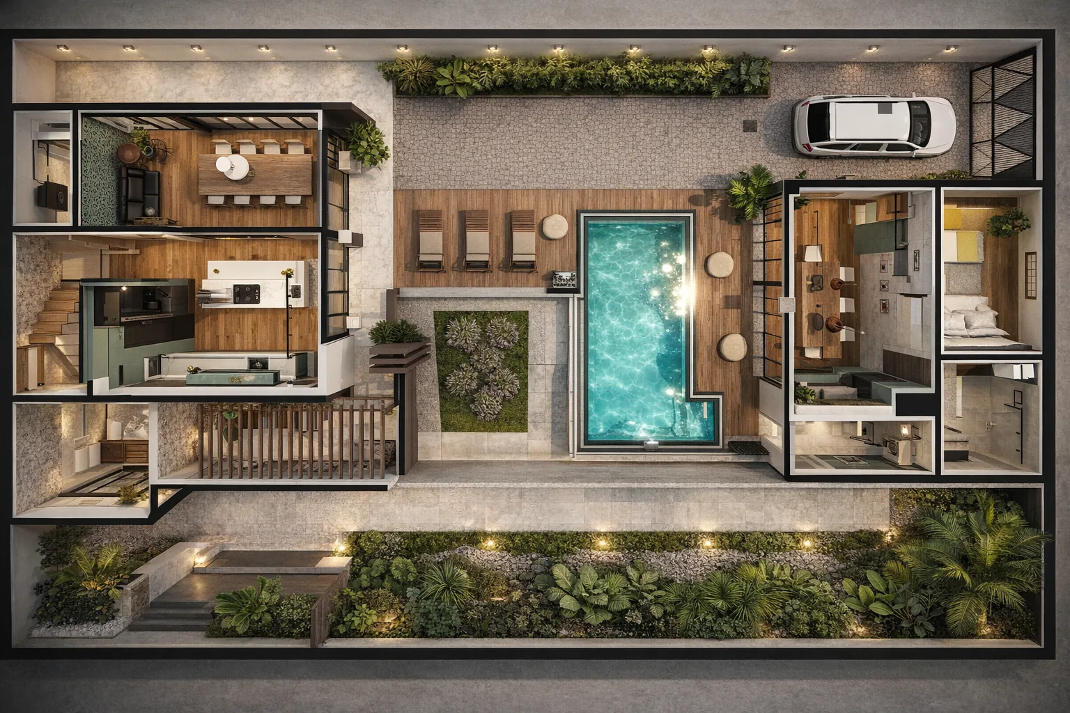 Illustrierter Erdgeschossgrundriss mit Pool, Deck, Garage, Küche und Gärten