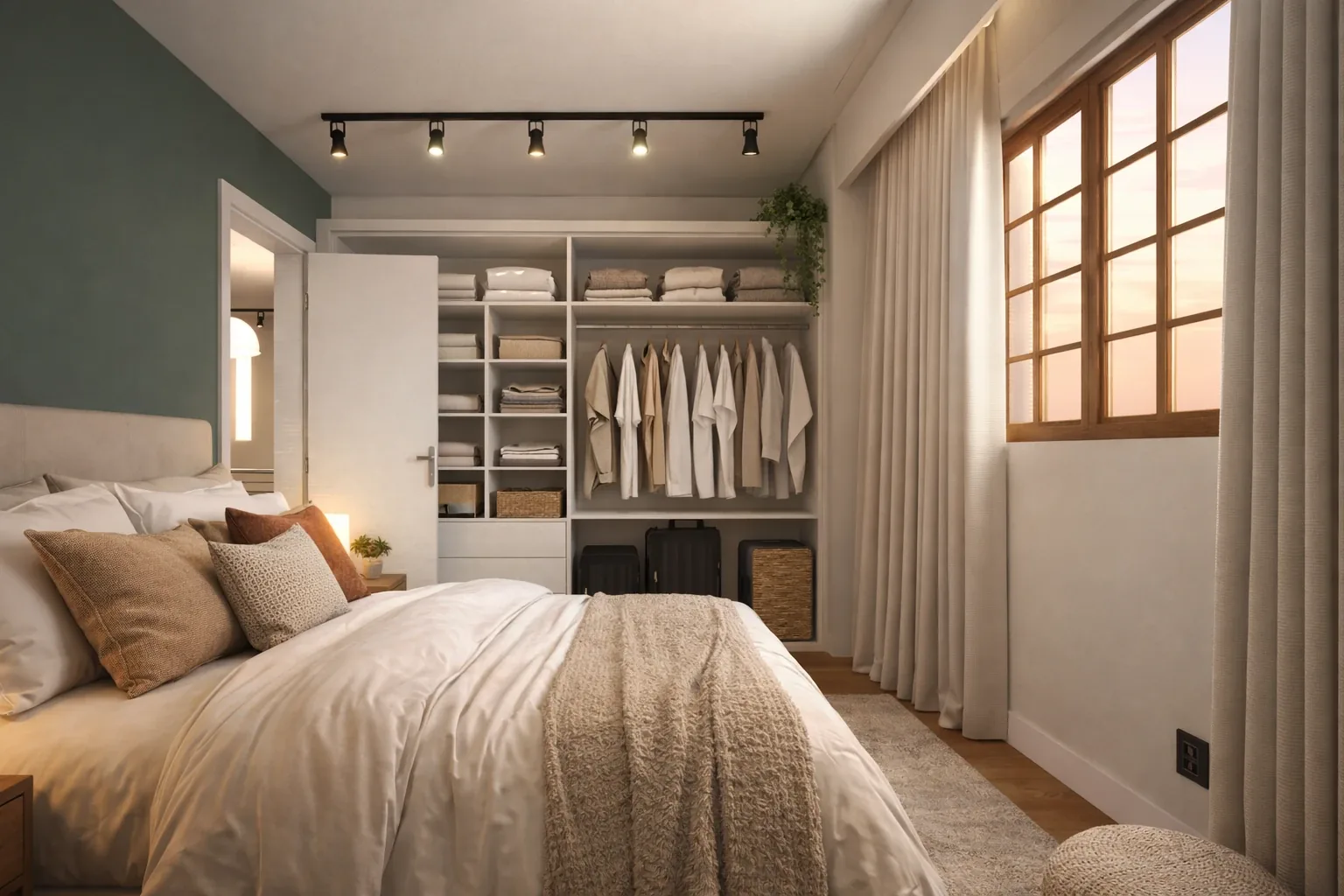 Schlafzimmer mit offener Ankleide, Leinenvorhängen und Stromschiene