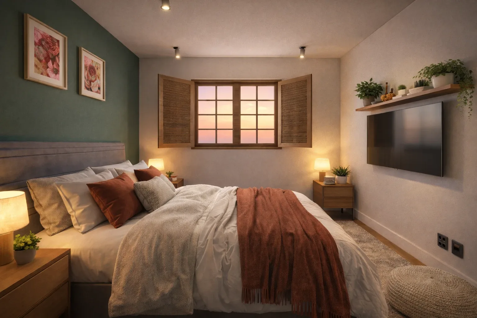 Schlafzimmer mit grüner Wand, Holzfenster mit Läden und Terrakotta-Decke