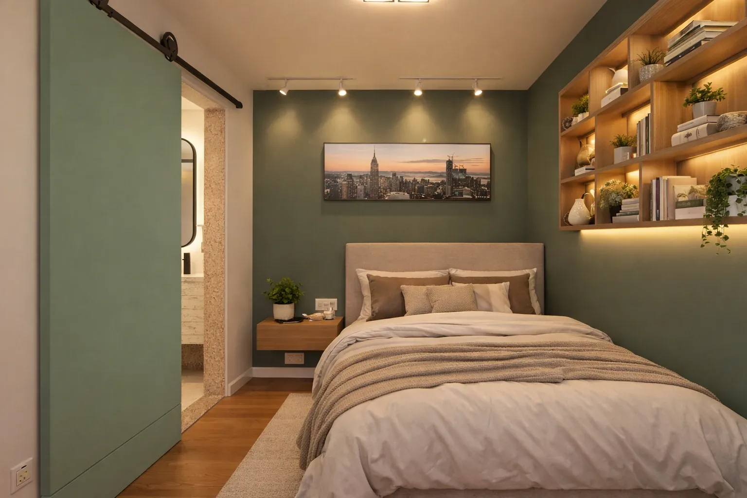 Schlafzimmer mit grüner Schiebetür, beleuchteten Holznischen und Polsterkopfteil