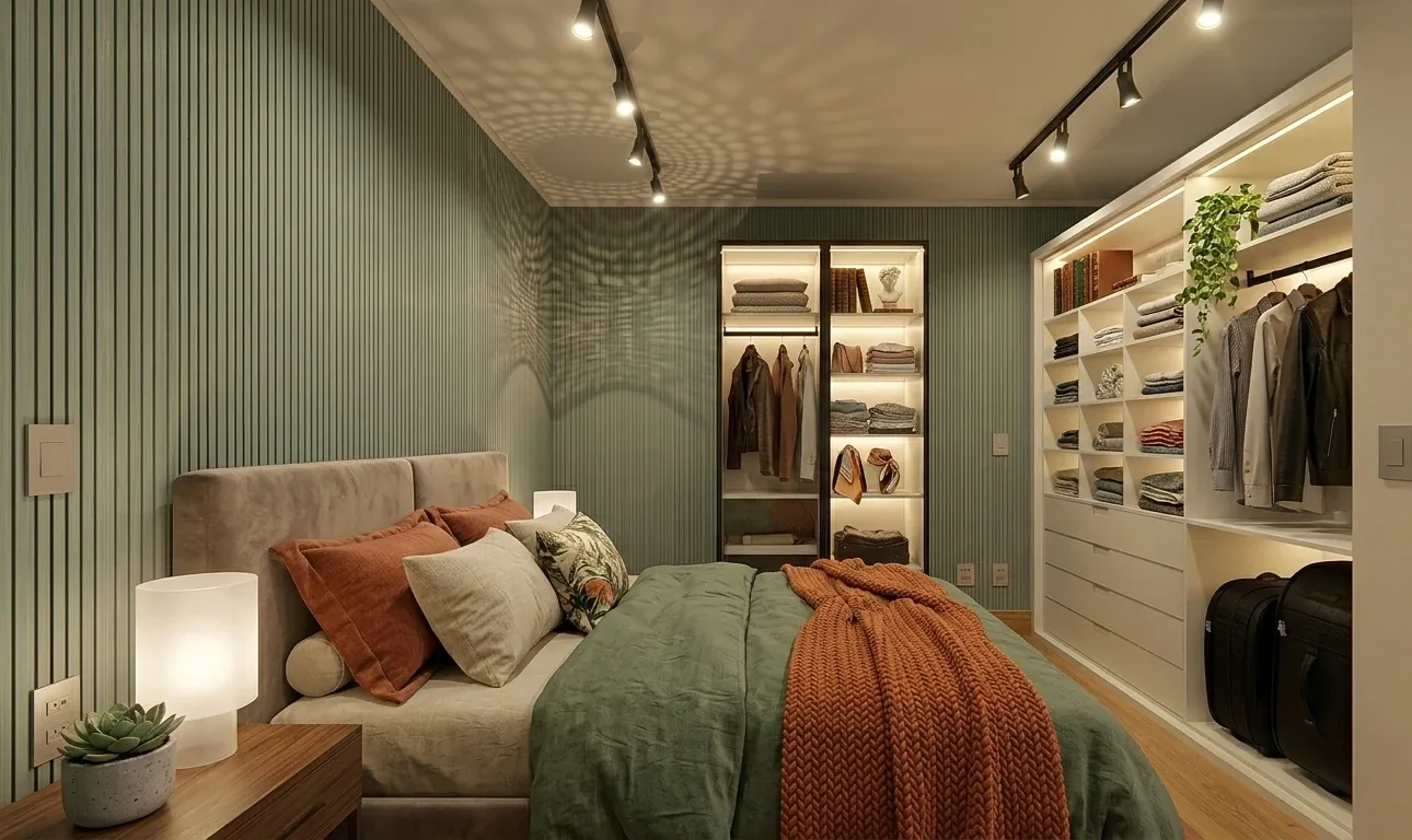 Schlafzimmer mit grünen Lamellen, grün-terrakottafarbener Bettwäsche und beleuchteter Ankleide