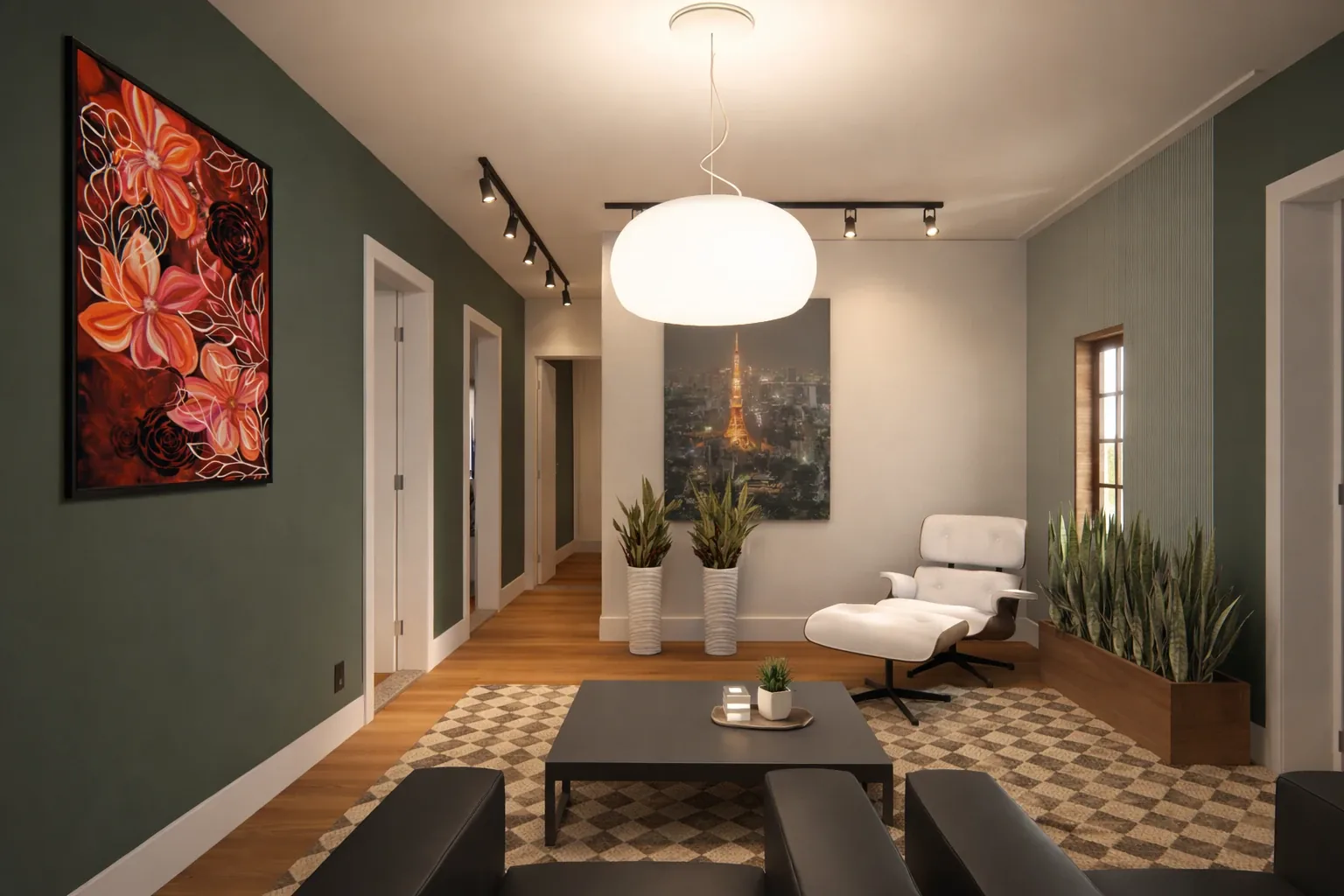 Familienzimmer mit grüner Wand, Blumenbild, Loungesessel und Pflanzkasten