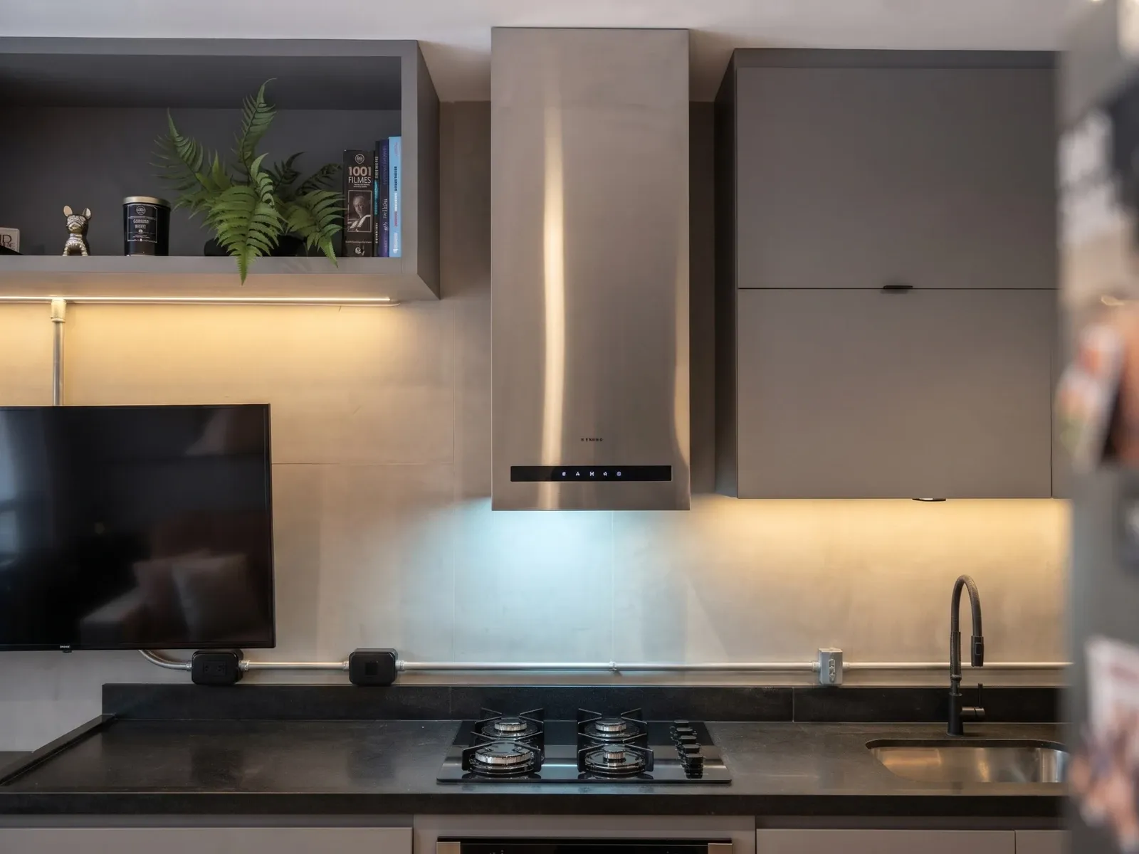 Detalhe da cozinha: coifa em inox, nicho aberto com plantas e livros, LED sob os armários e bancada em pedra preta