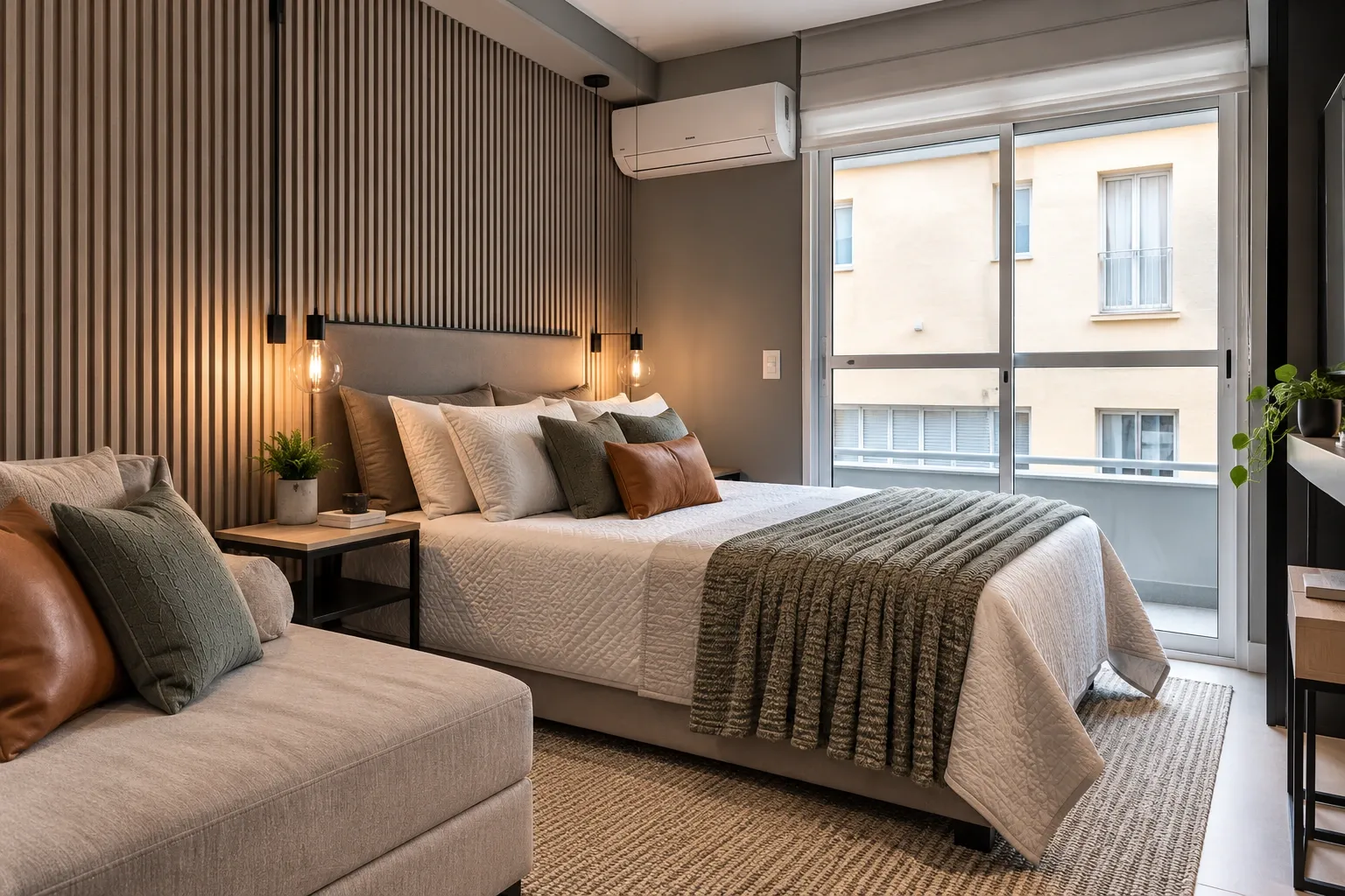 Estúdio Brooklin: quarto com parede ripada, cama e sofá em tons neutros, iluminação acolhedora e janela ampla