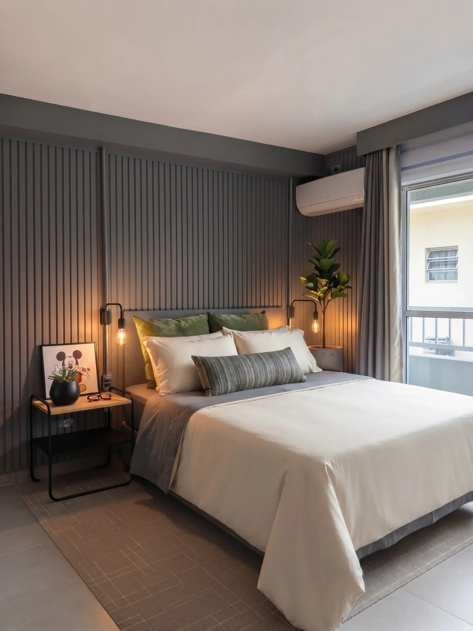 Quarto do Estúdio Brooklin: cabeceira estofada, parede ripada cinza, roupa de cama clara e luz acolhedora