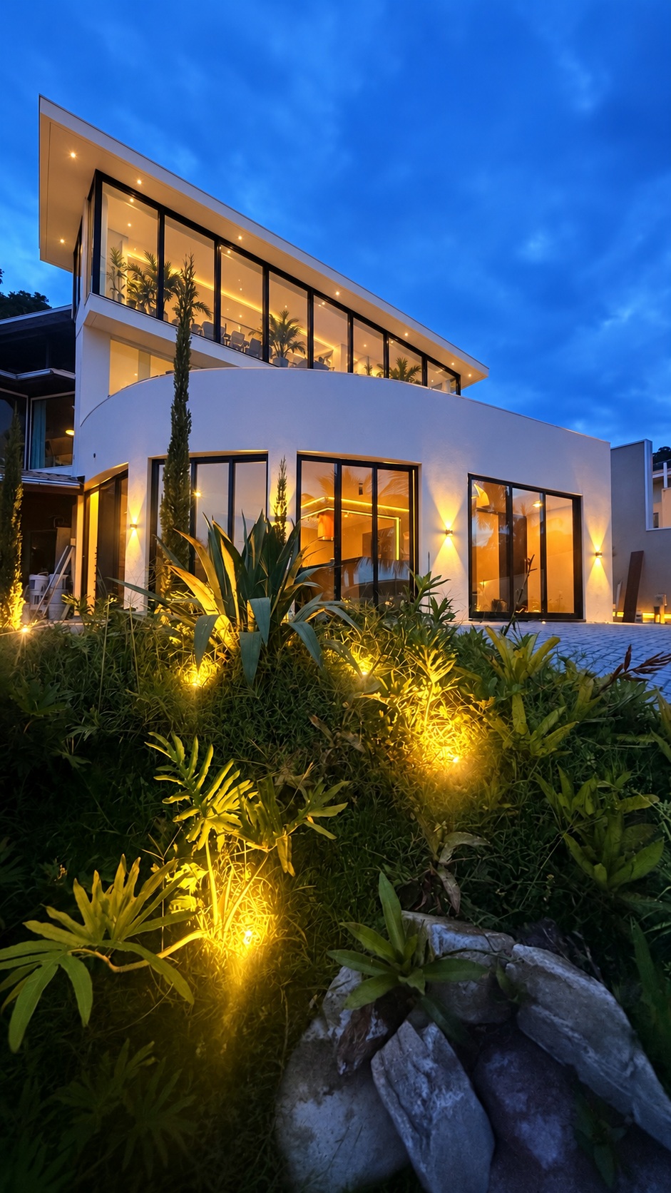 Projeto Perspectiva: fachada principal iluminada ao entardecer, Nova Lima