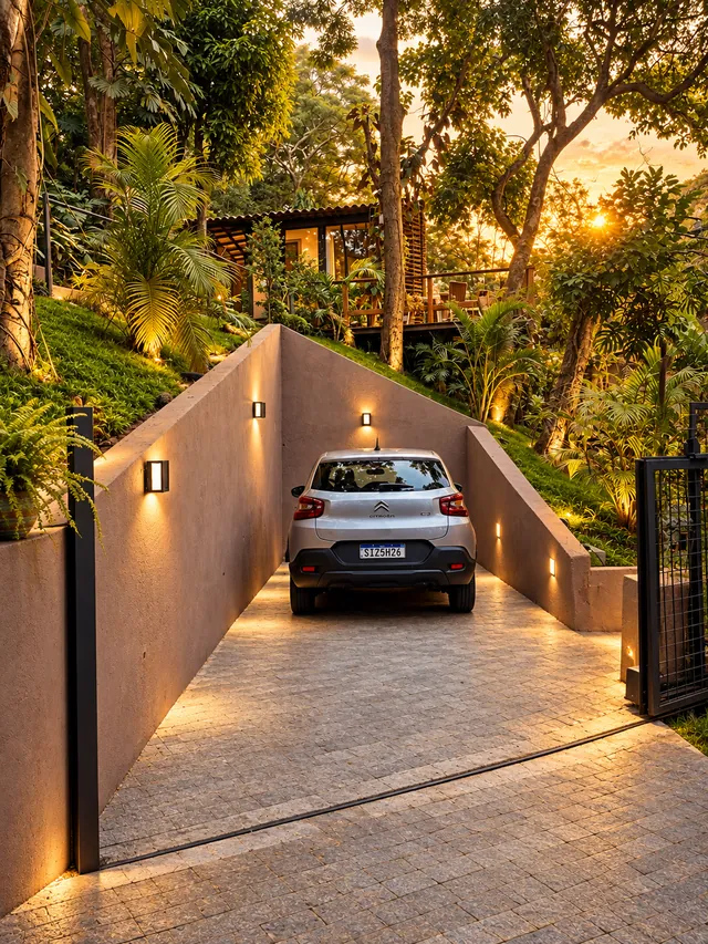 Garagem Villa Del Rey: rampa iluminada por arandelas entre paredes de contenção, com a casa ao fundo ao entardecer, Nova Lima