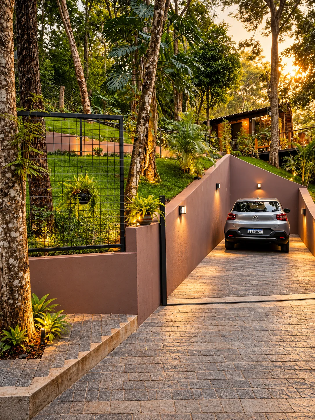 Rampa del garage con cancello a griglia, giardino in scarpata e casa sullo sfondo
